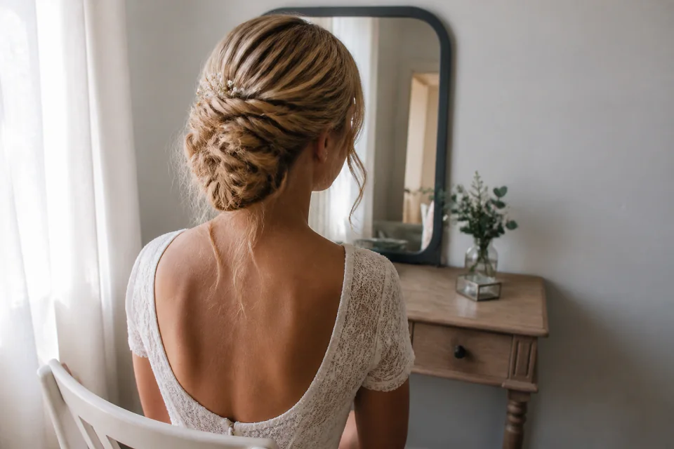Coiffure de cérémonie vue pendant la préparation — illustration générée par IA