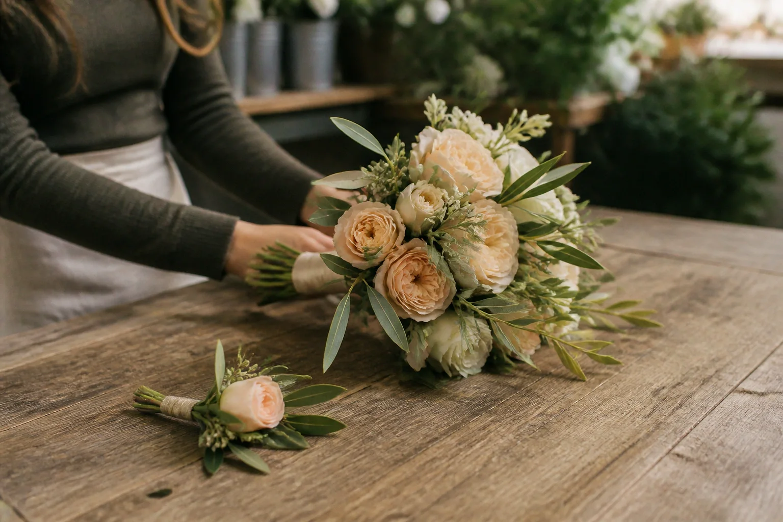 Préparation florale pour un mariage — illustration générée par IA