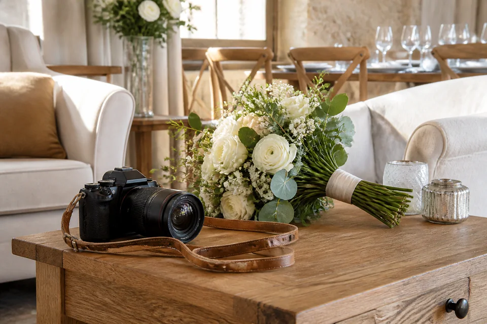 Appareil photo et accessoires de reportage de mariage — illustration générée par IA