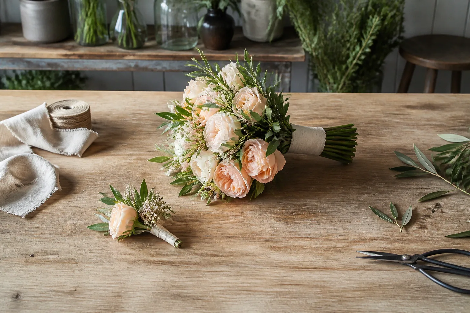 Préparation florale pour un mariage — illustration générée par IA