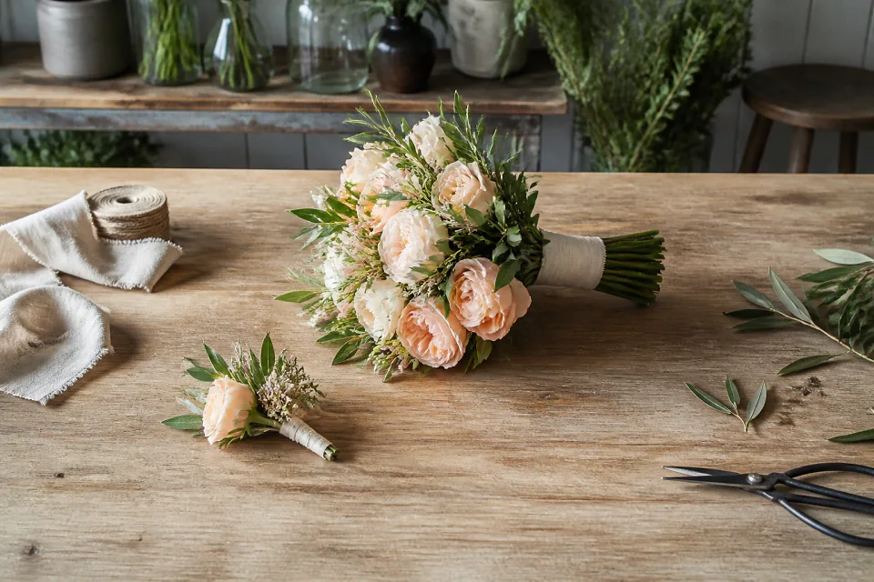 Préparation florale pour un mariage — illustration générée par IA