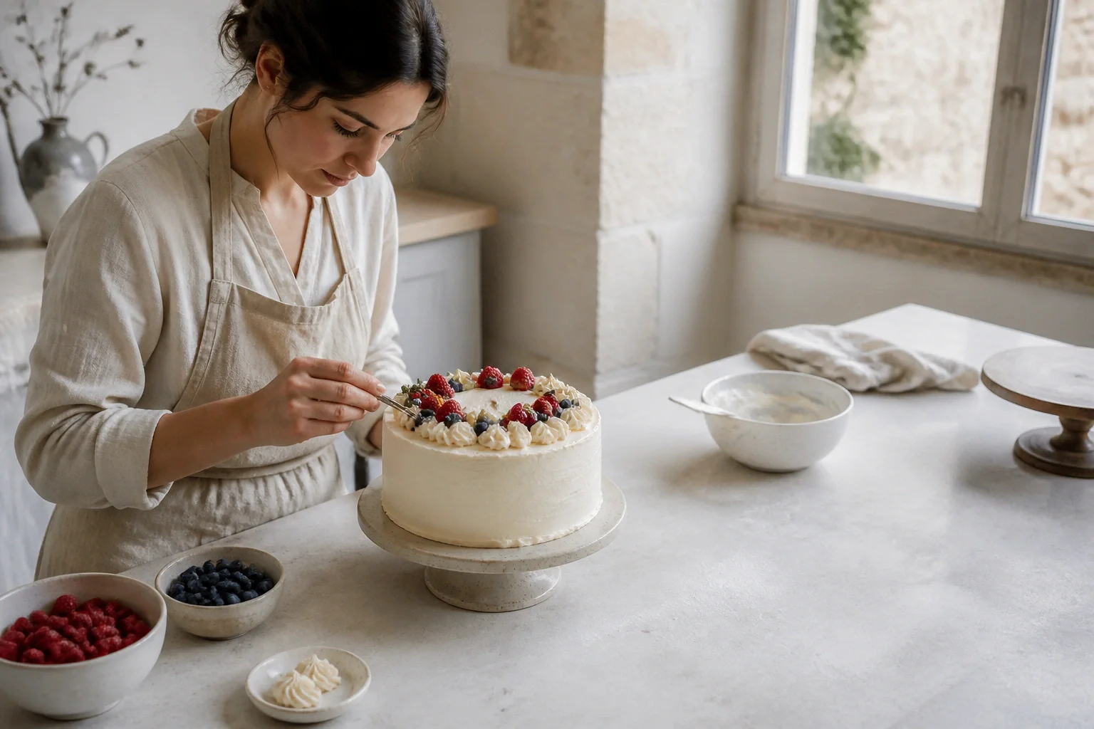 Gâteau de mariage préparé dans un atelier — illustration générée par IA