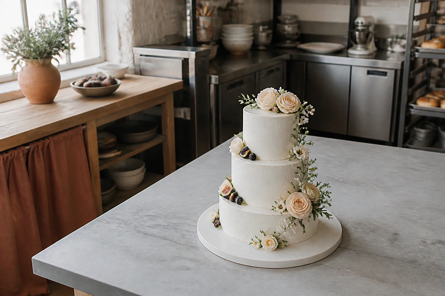Gâteau de mariage préparé dans un atelier — illustration générée par IA