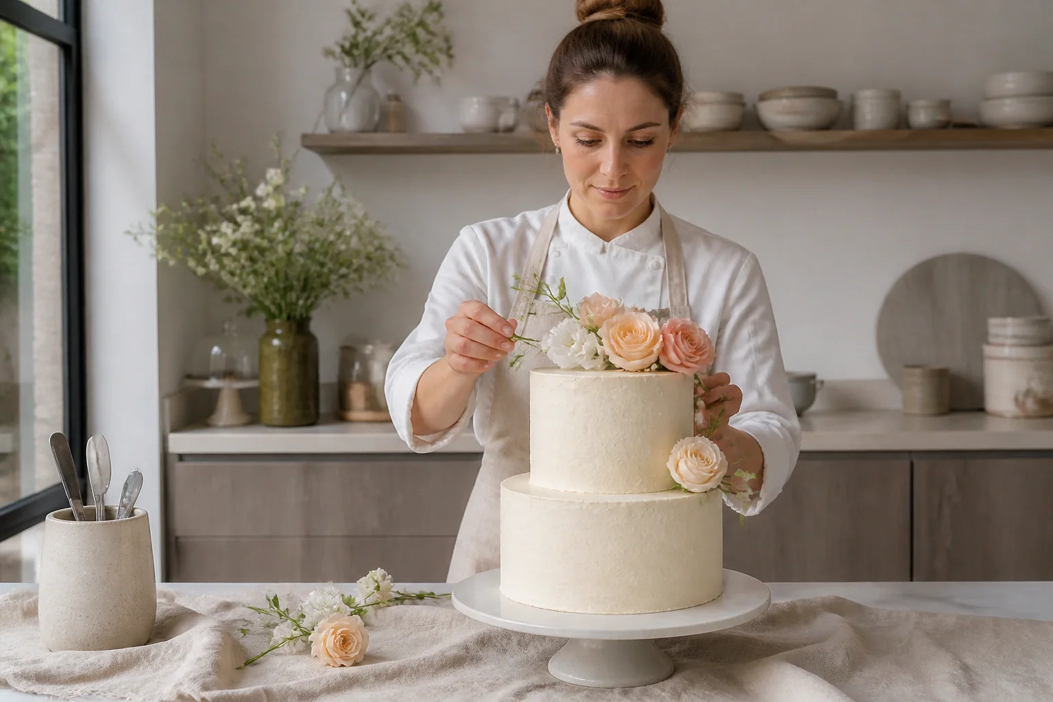 Gâteau de mariage préparé dans un atelier — illustration générée par IA