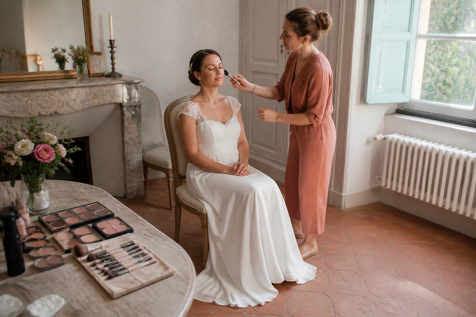 Préparation d’un maquillage de mariage — illustration générée par IA