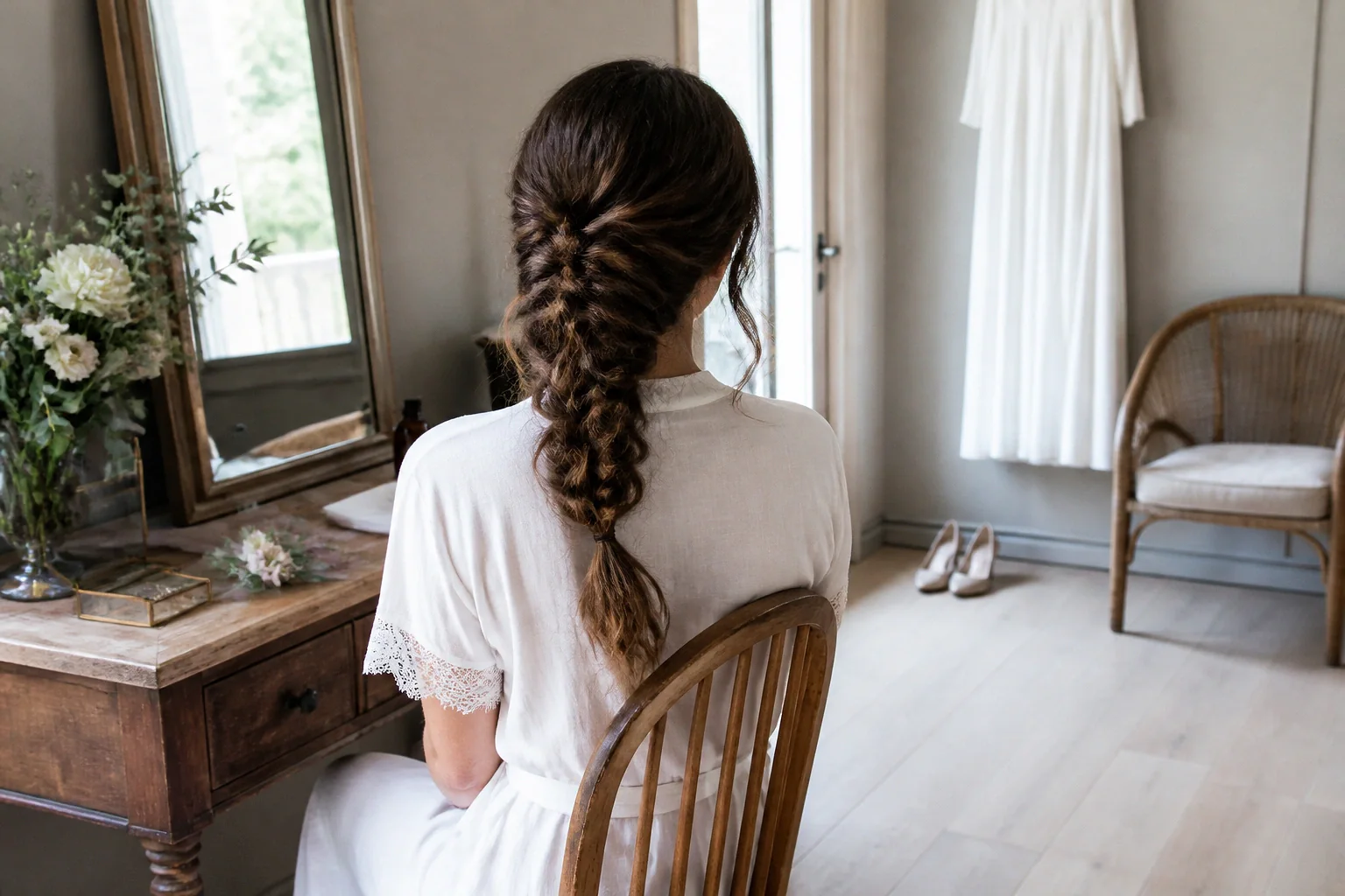 Coiffure de cérémonie vue pendant la préparation — illustration générée par IA