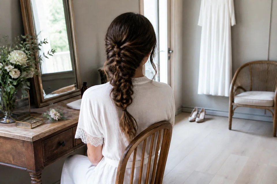 Coiffure de cérémonie vue pendant la préparation — illustration générée par IA
