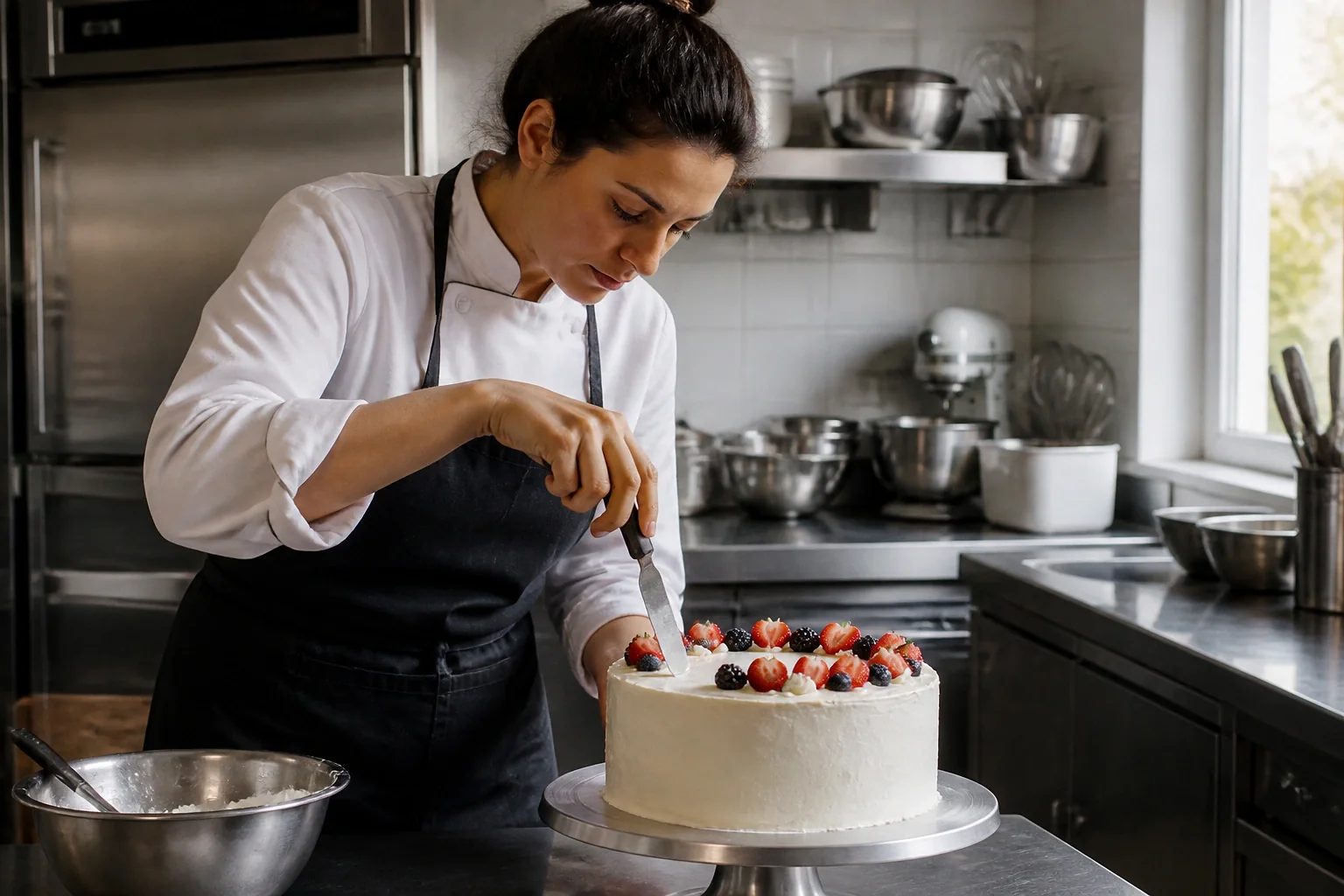 Gâteau de mariage préparé dans un atelier — illustration générée par IA