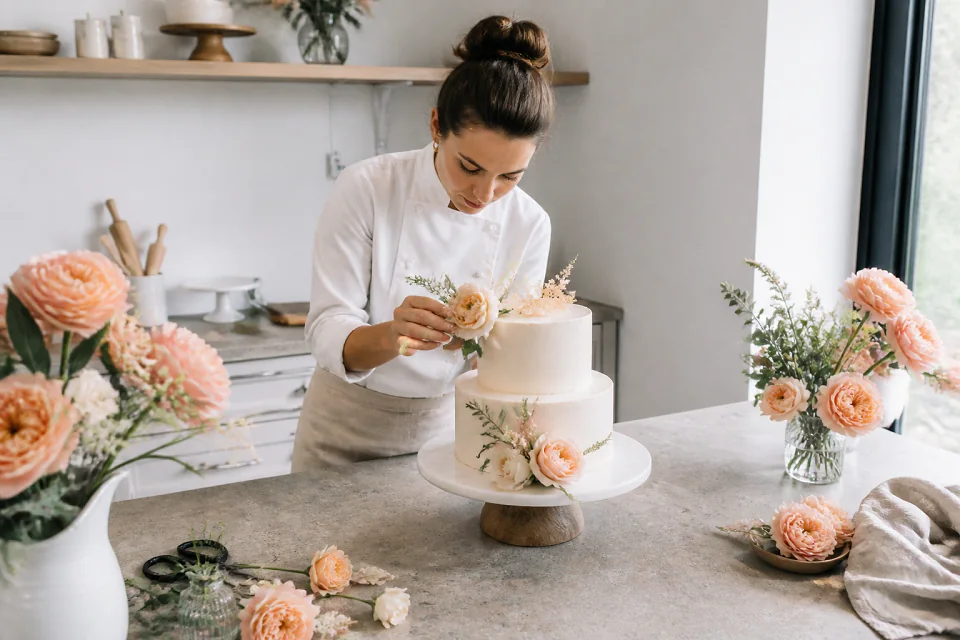 Gâteau de mariage préparé dans un atelier — illustration générée par IA