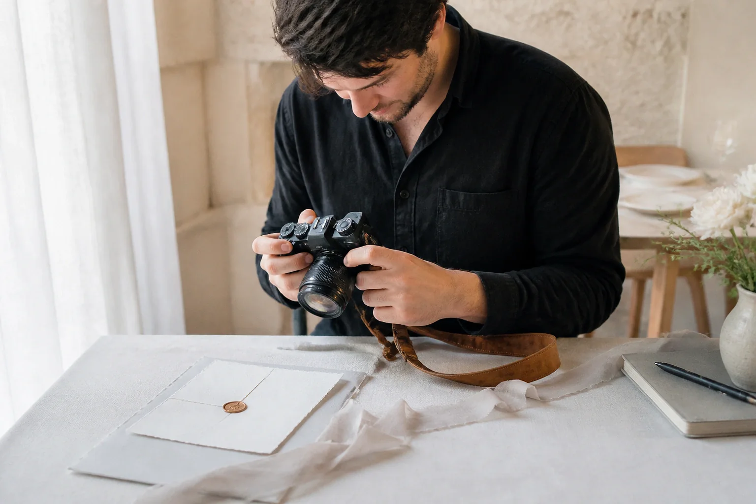 Appareil photo et accessoires de reportage de mariage — illustration générée par IA