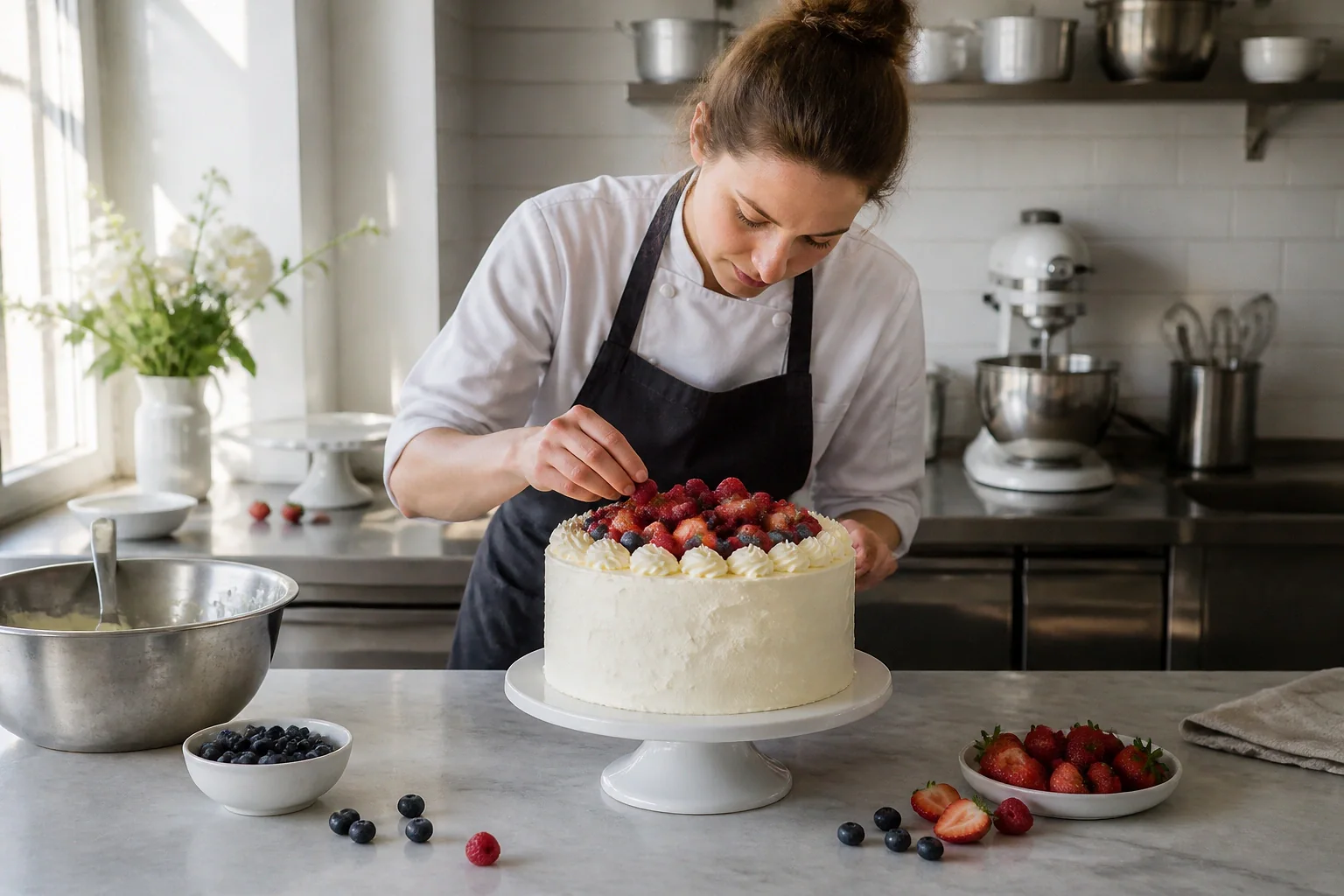 Gâteau de mariage préparé dans un atelier — illustration générée par IA