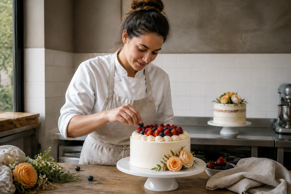 Gâteau de mariage préparé dans un atelier — illustration générée par IA