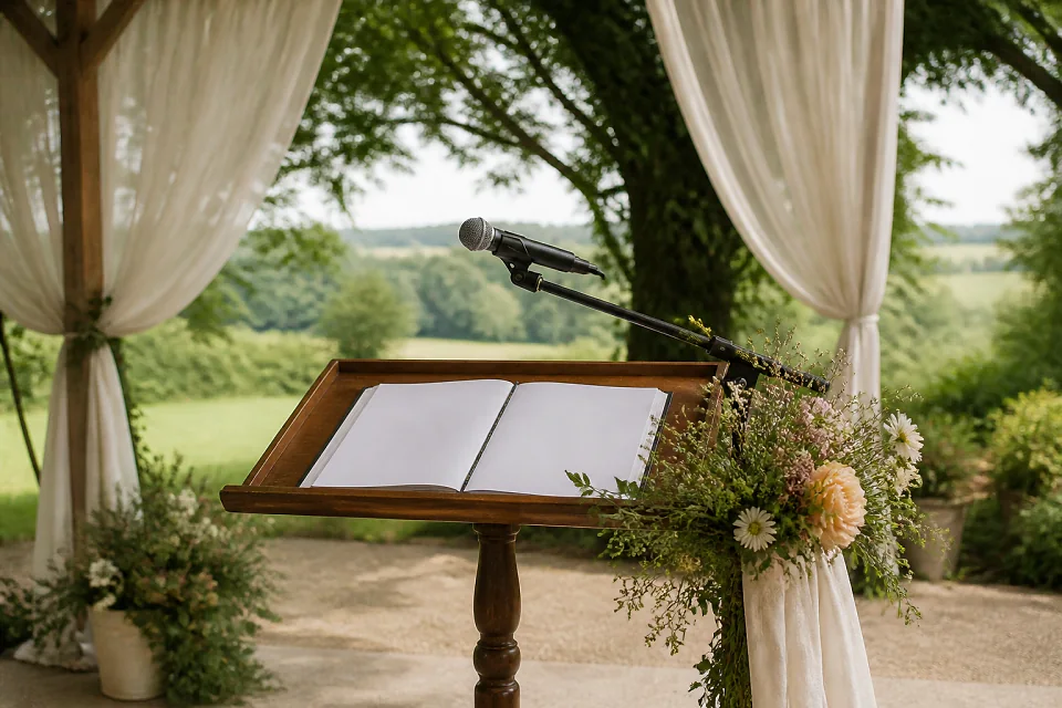 Préparation d’une cérémonie laïque de mariage — illustration générée par IA