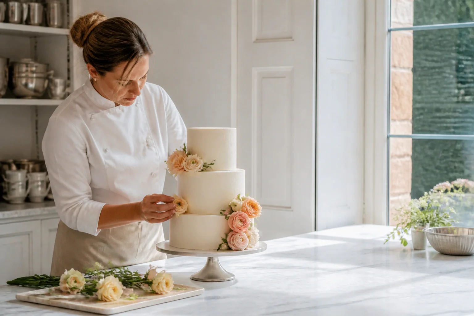Gâteau de mariage préparé dans un atelier — illustration générée par IA