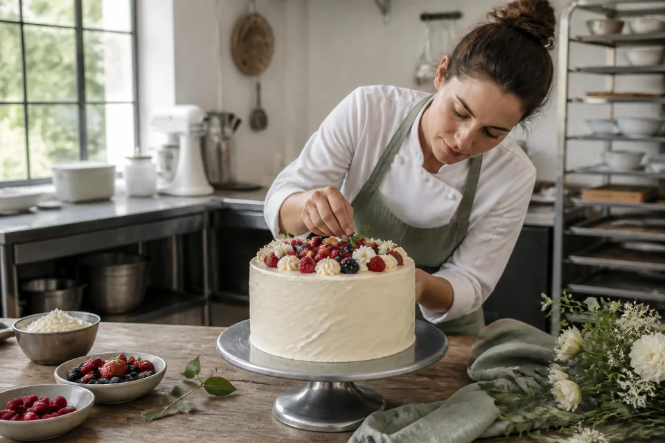 Gâteau de mariage préparé dans un atelier — illustration générée par IA