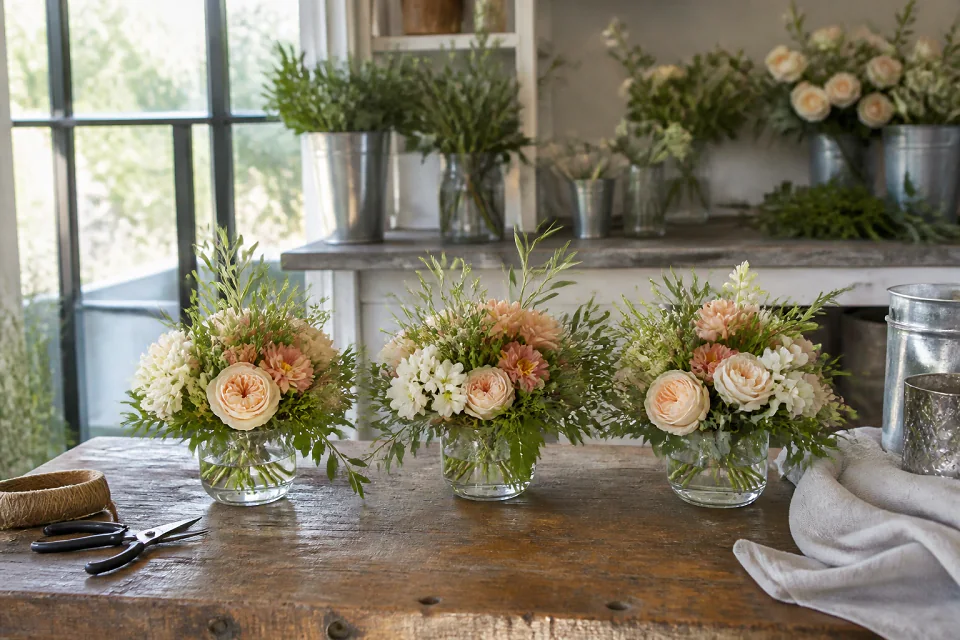 Préparation florale pour un mariage — illustration générée par IA
