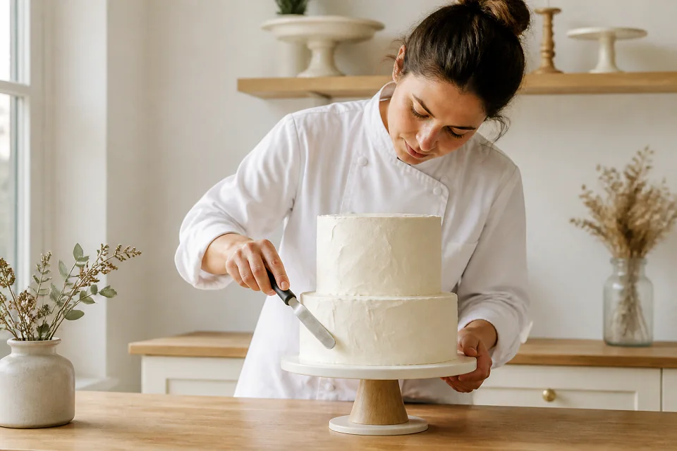 Gâteau de mariage préparé dans un atelier — illustration générée par IA
