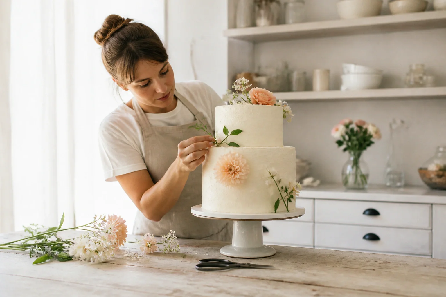 Gâteau de mariage préparé dans un atelier — illustration générée par IA