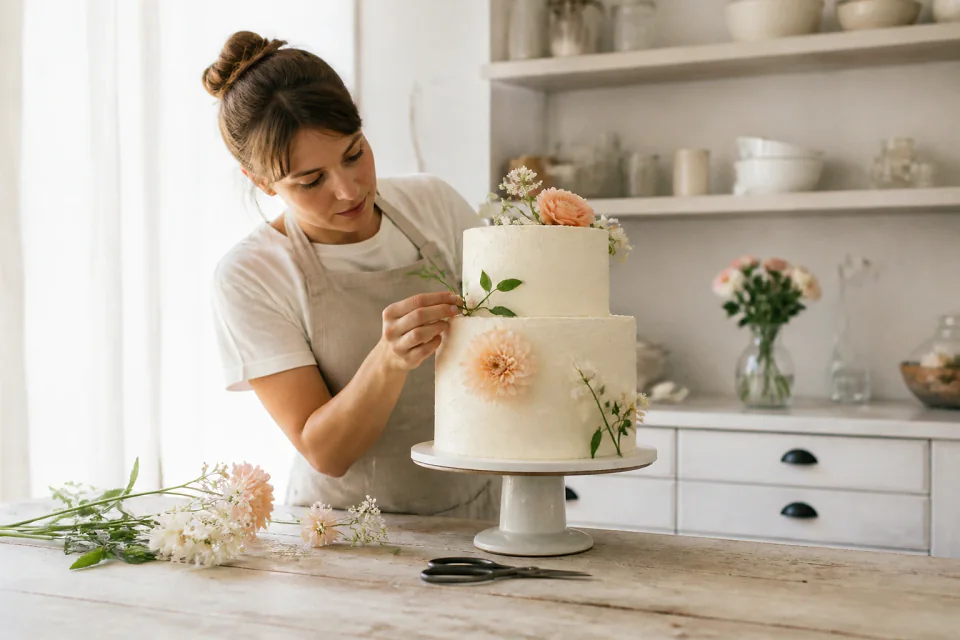 Gâteau de mariage préparé dans un atelier — illustration générée par IA
