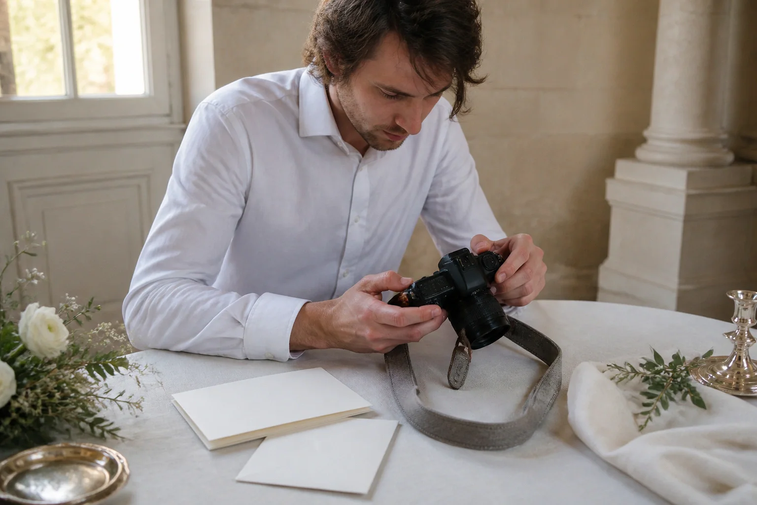Appareil photo et accessoires de reportage de mariage — illustration générée par IA