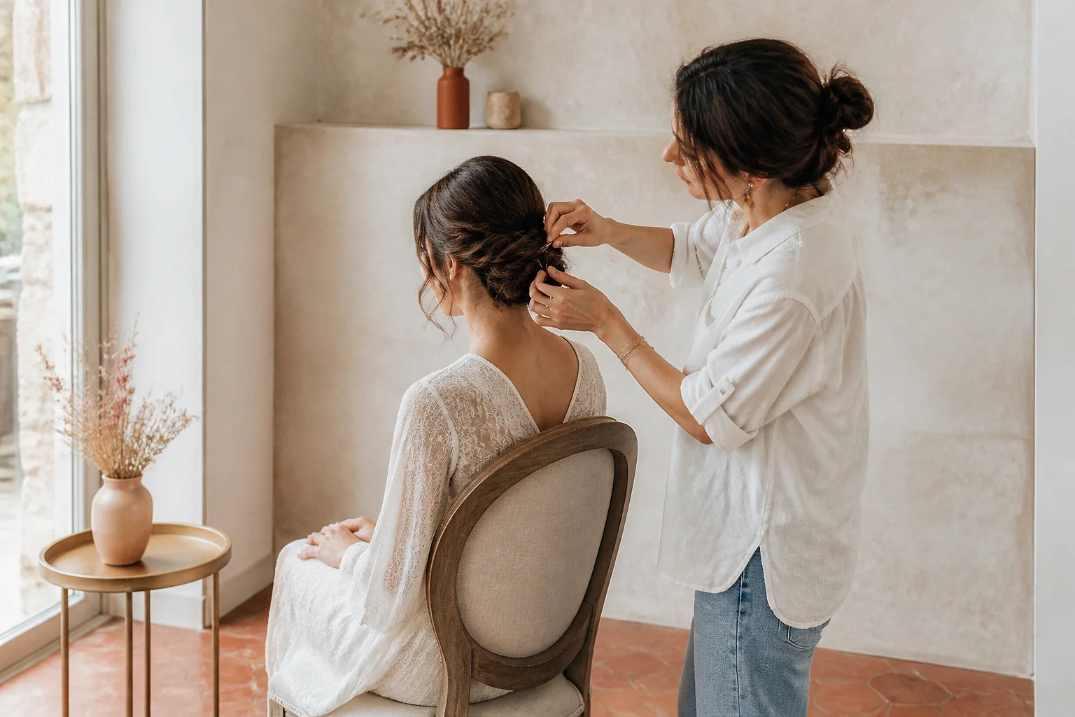 Coiffure de cérémonie vue pendant la préparation — illustration générée par IA