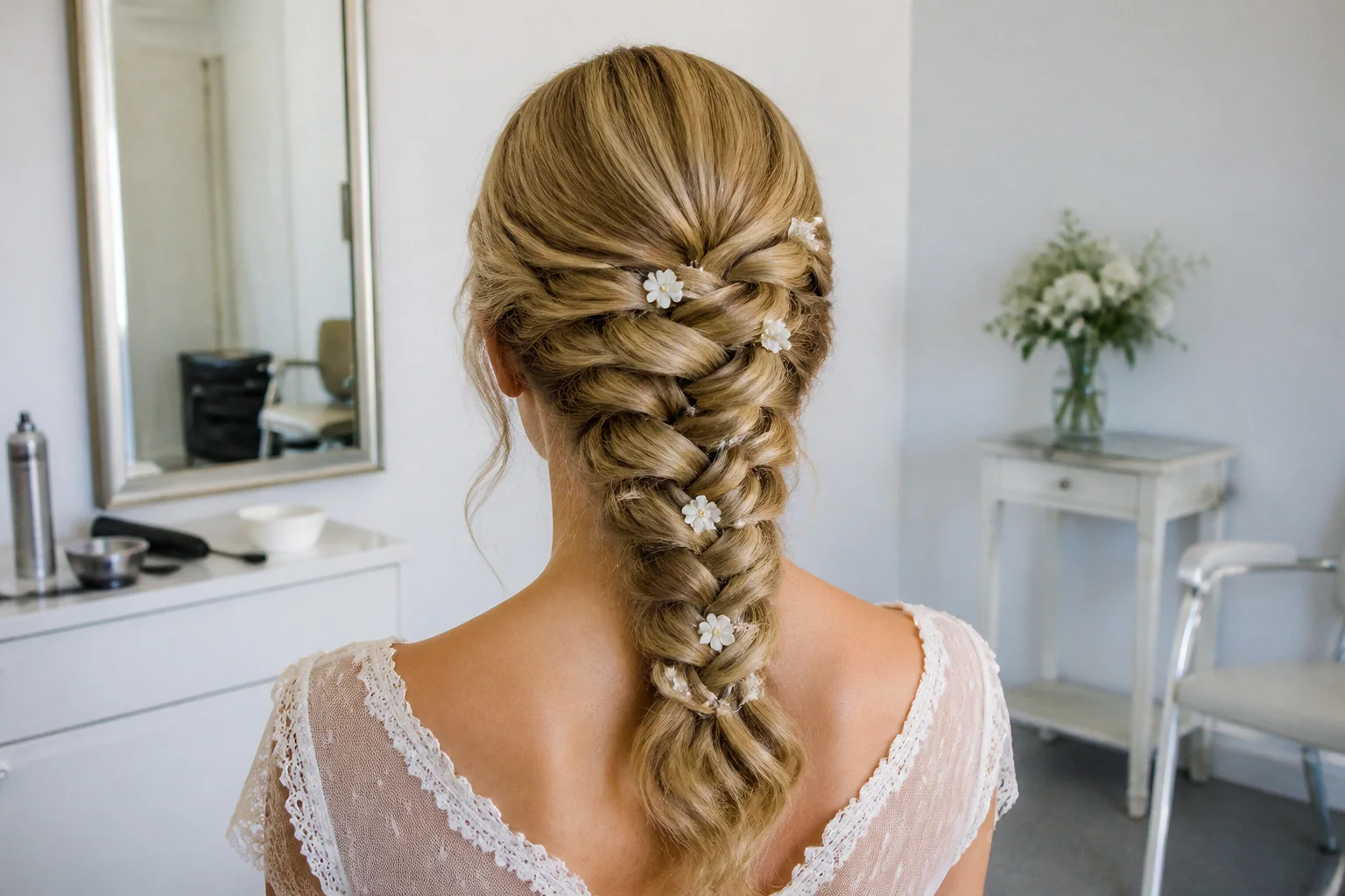Coiffure de cérémonie vue pendant la préparation — illustration générée par IA