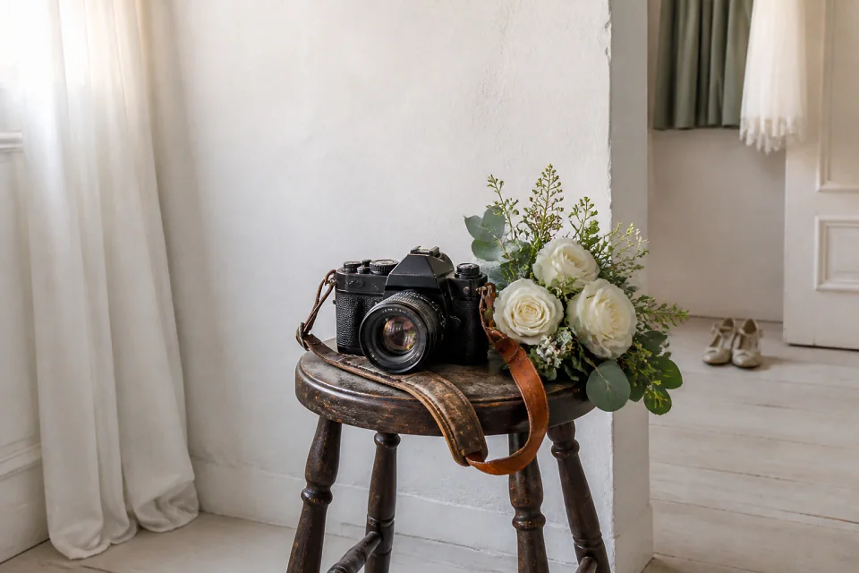 Appareil photo et accessoires de reportage de mariage — illustration générée par IA