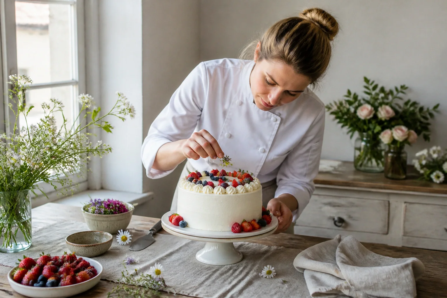 Gâteau de mariage préparé dans un atelier — illustration générée par IA
