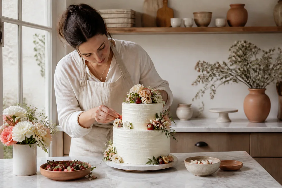 Gâteau de mariage préparé dans un atelier — illustration générée par IA