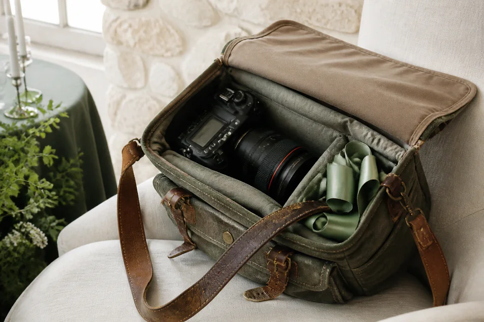 Appareil photo et accessoires de reportage de mariage — illustration générée par IA