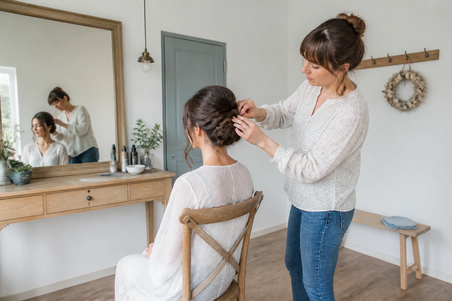 Coiffure de cérémonie vue pendant la préparation — illustration générée par IA