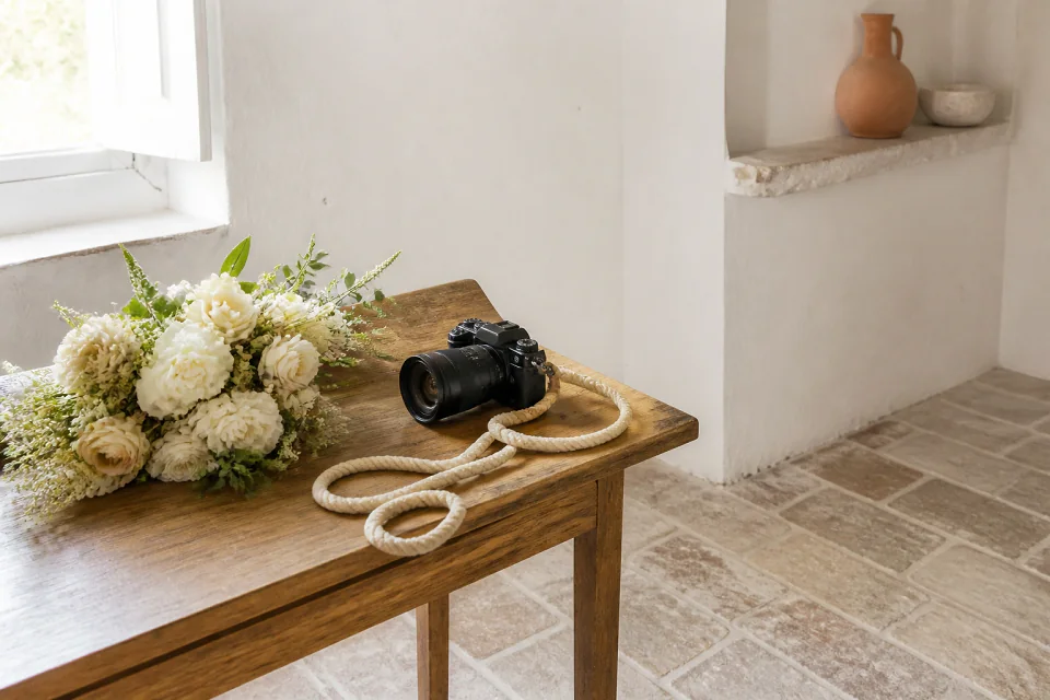Appareil photo et accessoires de reportage de mariage — illustration générée par IA