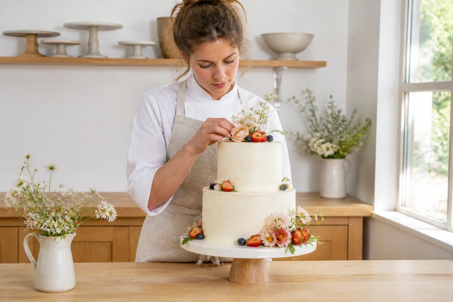 Gâteau de mariage préparé dans un atelier — illustration générée par IA