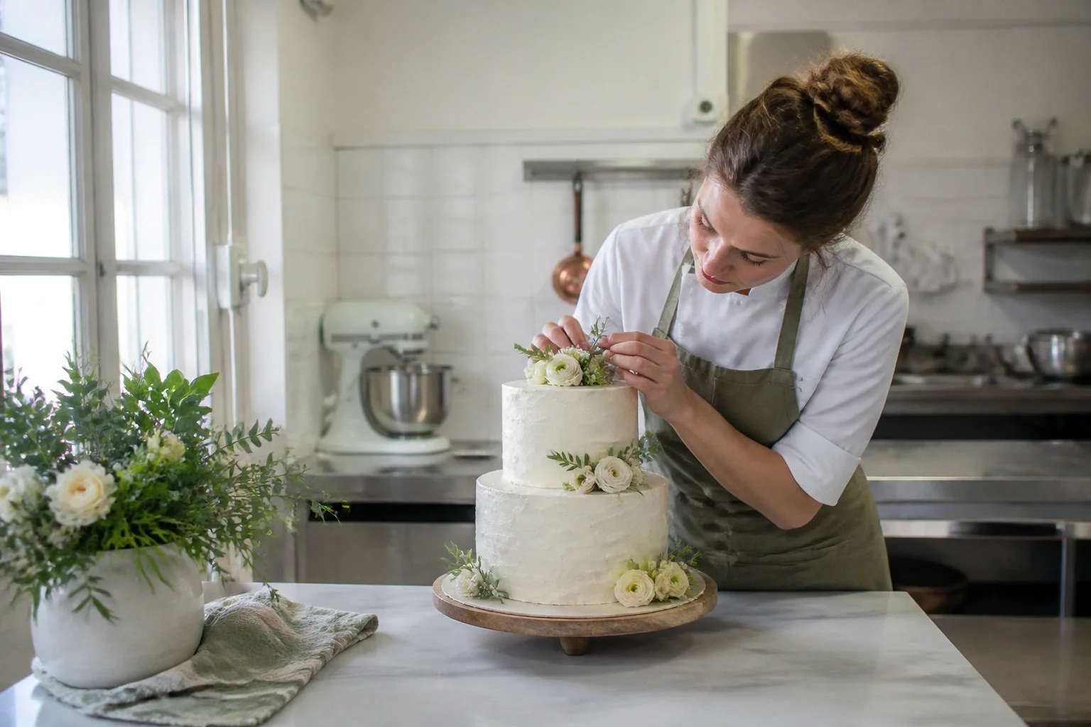 Gâteau de mariage préparé dans un atelier — illustration générée par IA
