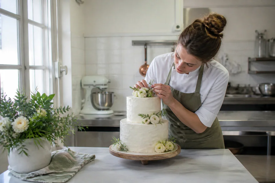 Gâteau de mariage préparé dans un atelier — illustration générée par IA