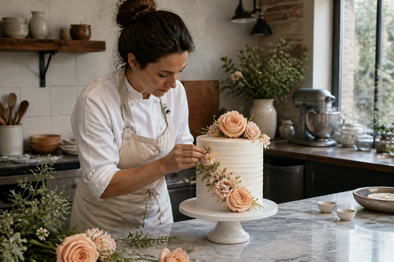 Gâteau de mariage préparé dans un atelier — illustration générée par IA