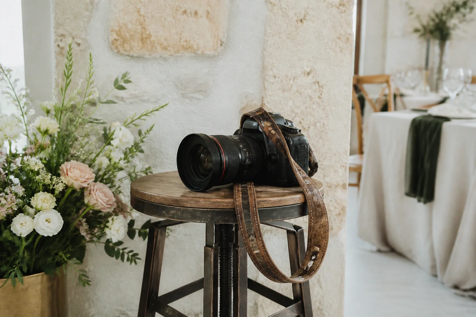 Appareil photo et accessoires de reportage de mariage — illustration générée par IA