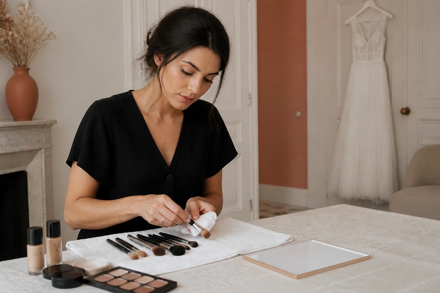 Préparation d’un maquillage de mariage — illustration générée par IA