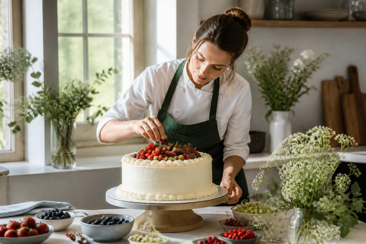 Gâteau de mariage préparé dans un atelier — illustration générée par IA