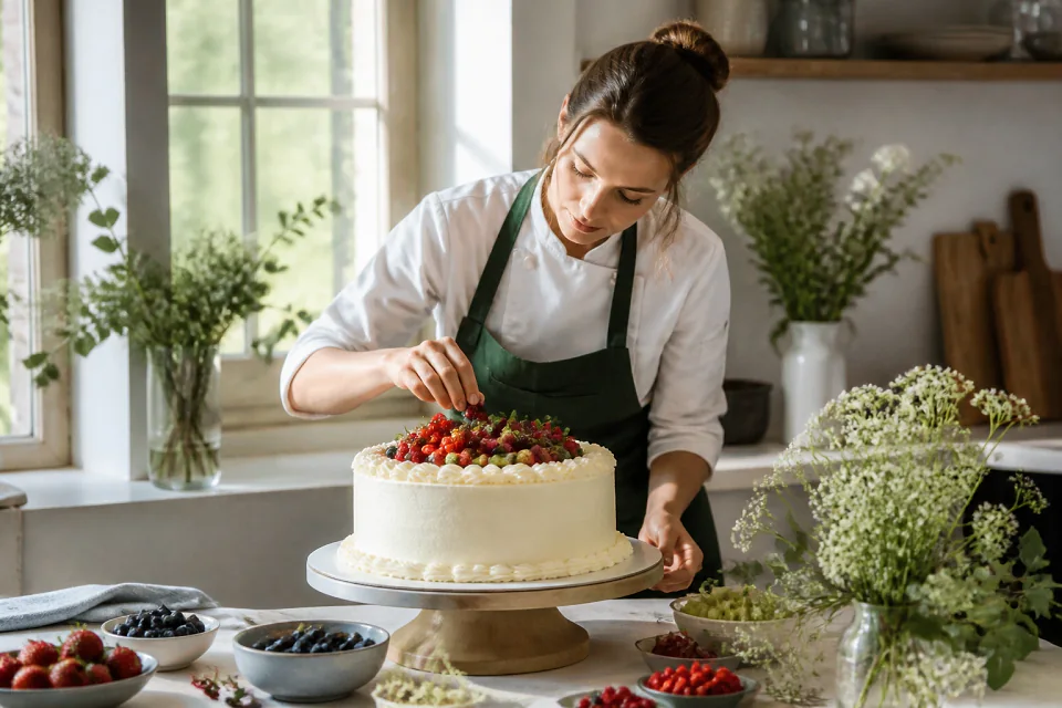 Gâteau de mariage préparé dans un atelier — illustration générée par IA