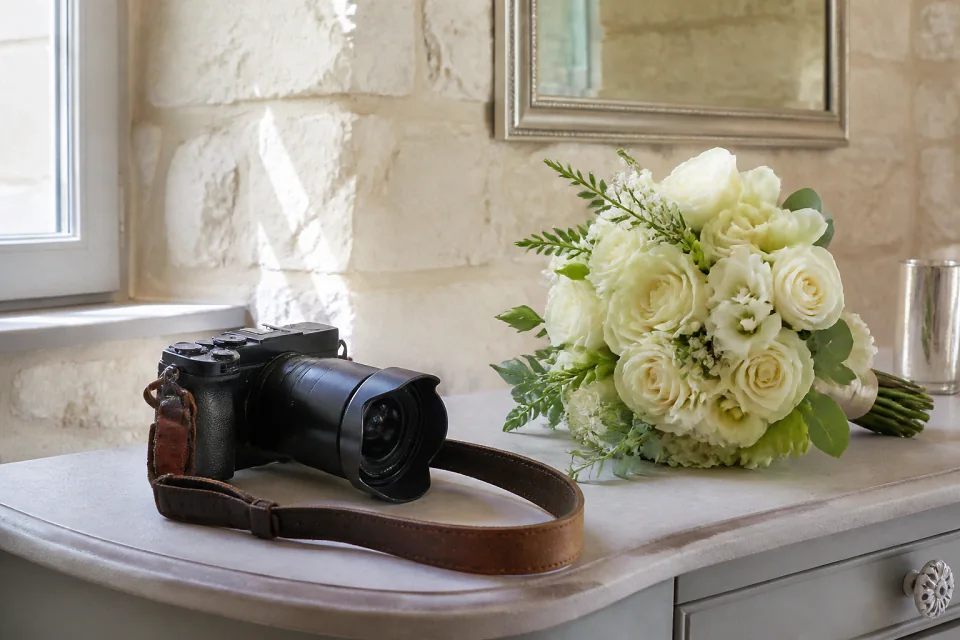 Appareil photo et accessoires de reportage de mariage — illustration générée par IA