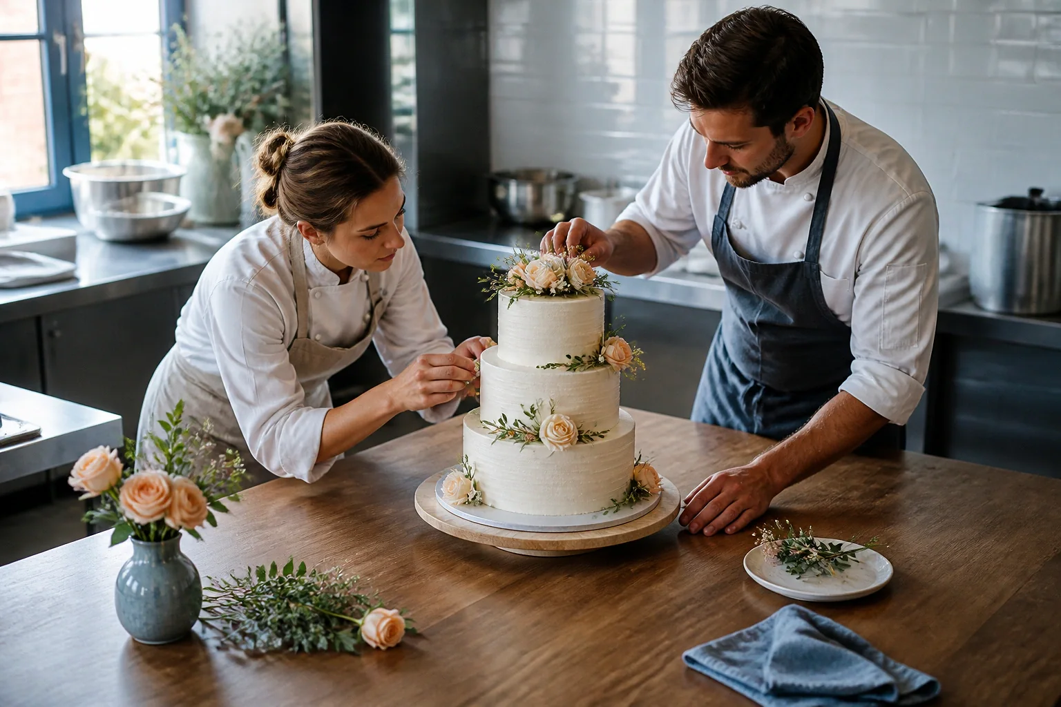Gâteau de mariage préparé dans un atelier — illustration générée par IA
