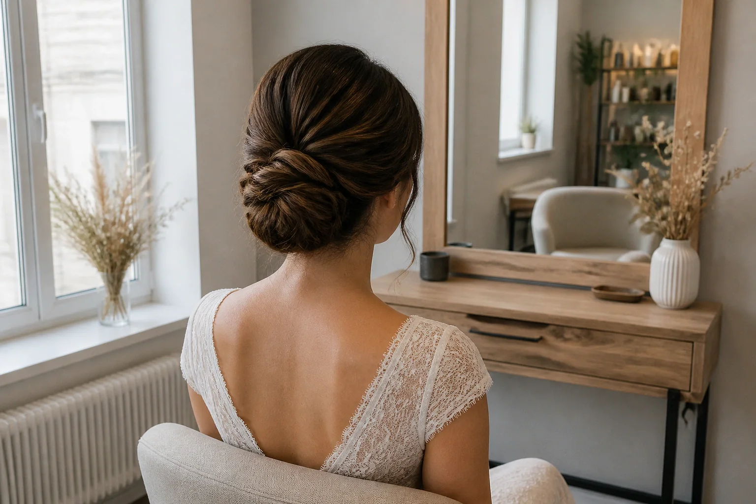 Coiffure de cérémonie vue pendant la préparation — illustration générée par IA
