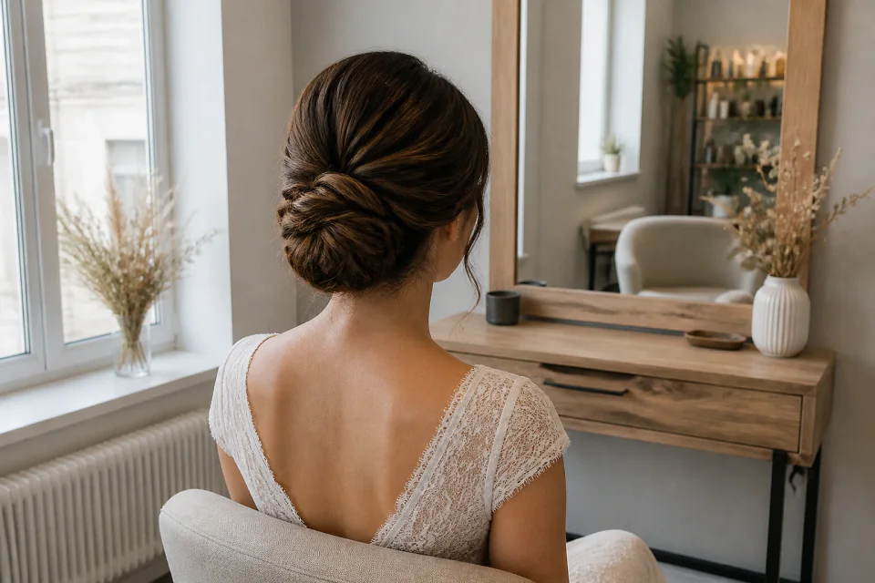 Coiffure de cérémonie vue pendant la préparation — illustration générée par IA