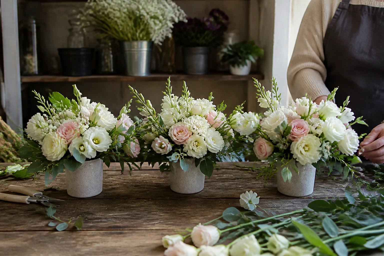 Préparation florale pour un mariage — illustration générée par IA