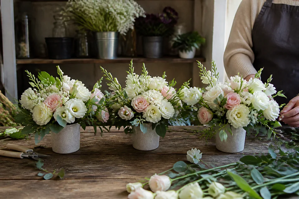 Préparation florale pour un mariage — illustration générée par IA