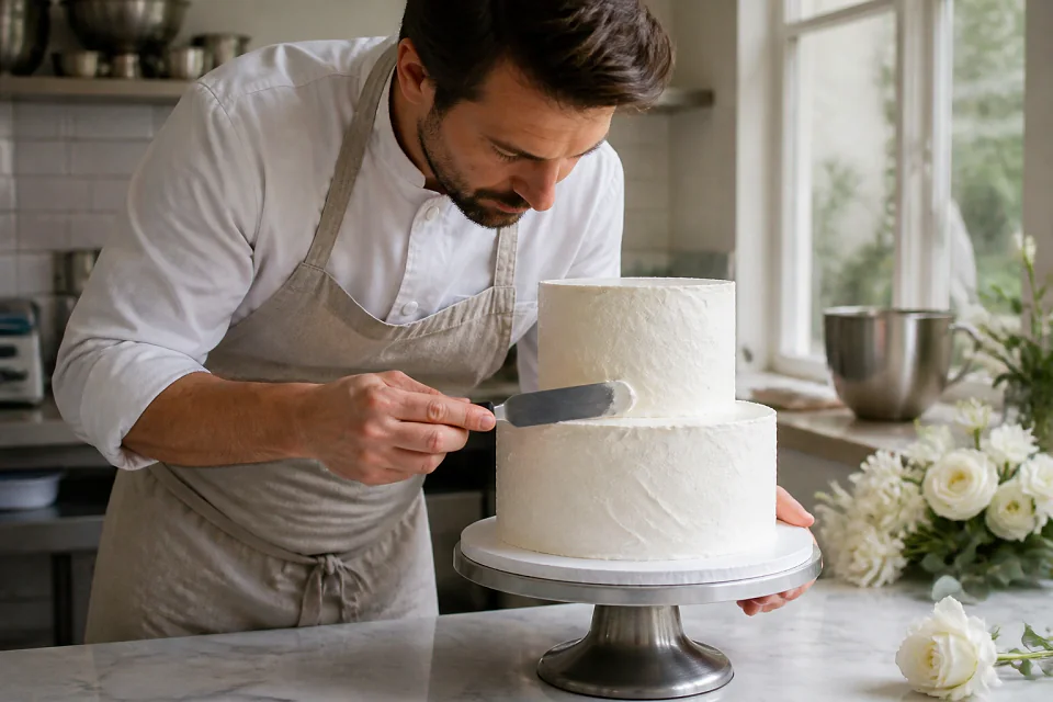 Gâteau de mariage préparé dans un atelier — illustration générée par IA