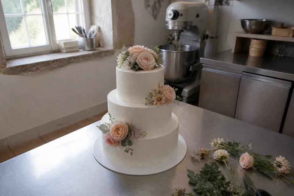 Gâteau de mariage préparé dans un atelier — illustration générée par IA