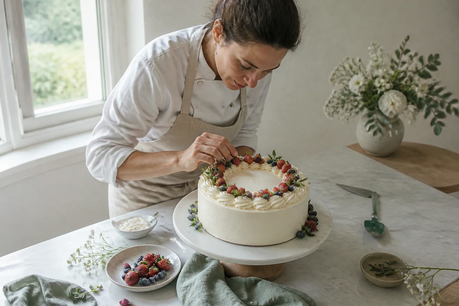 Gâteau de mariage préparé dans un atelier — illustration générée par IA