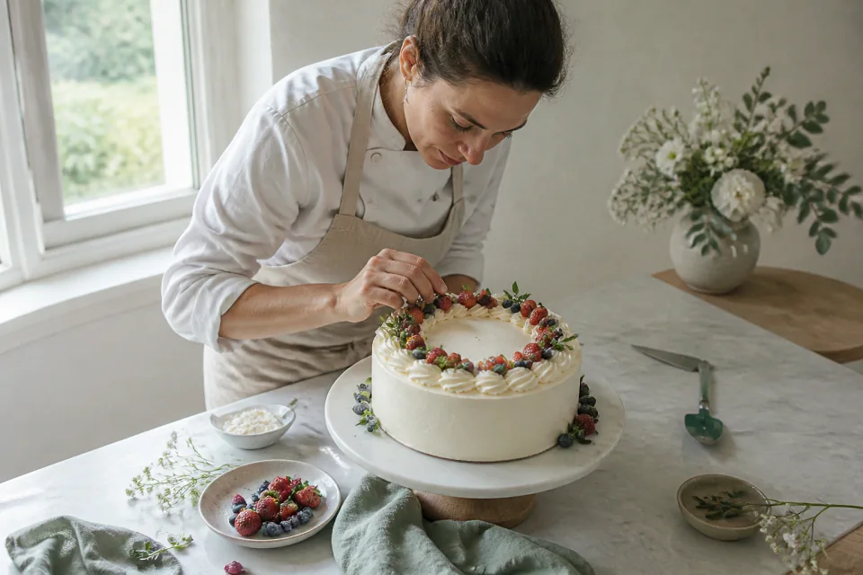 Gâteau de mariage préparé dans un atelier — illustration générée par IA